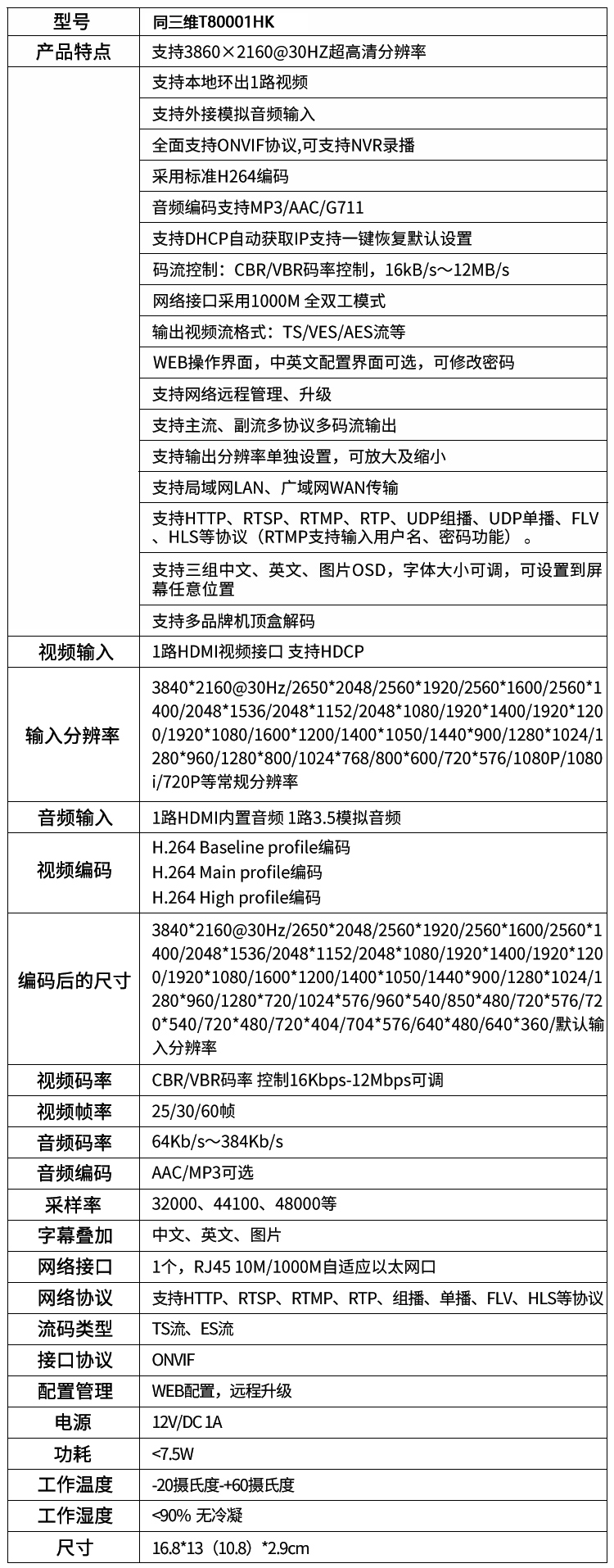 T80001HK超高清4K编码器HDMI带环出和外置音频H.264编码产品参数